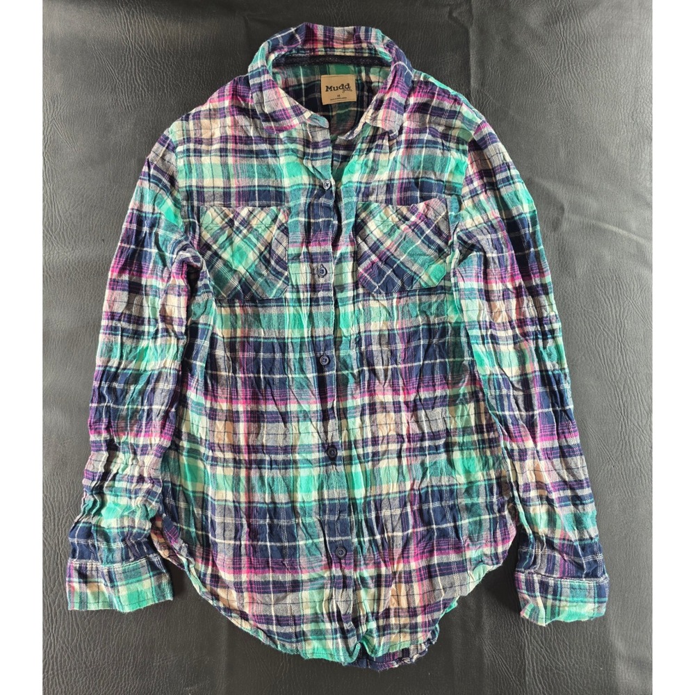Mudd Girls Plaid Button Down Shirt Size 16 Teal Purple Long Sleeve Flannel Style